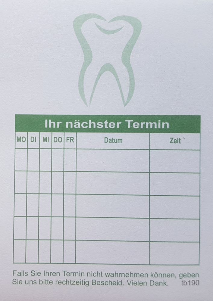 Terminzettel in grün für Zahnärzte, mit 5 Termine, Terminblock tb190