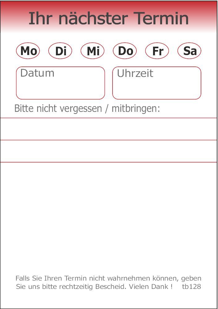 10 Terminblöcke mit Hinweisfelder neutral in rot, tb128